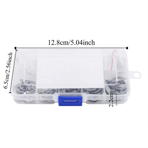 304 Stainless Steel E Clip Snap Ring Set 200 Pcs Kit with 20 sizes from 1.5mm to 10mm in labeled plastic box