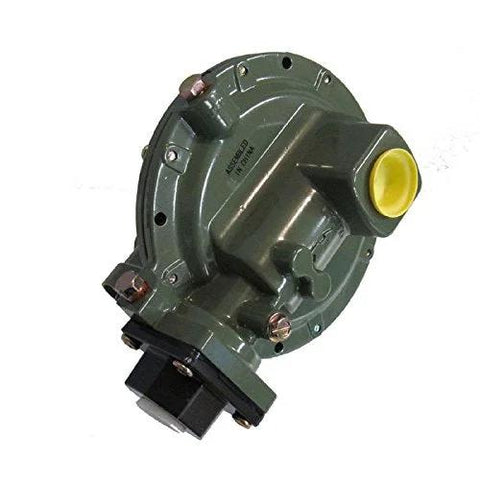 Front view of Marshall 1652-CFF propane LP regulator with green metal housing and yellow outlet port.