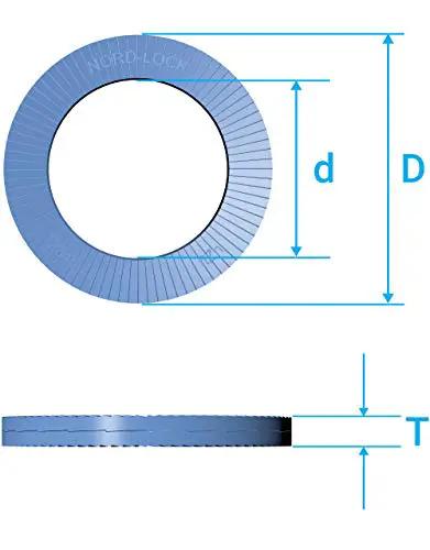 Tough As Nails Carbon Steel Wedge Locking Washers With Zinc Flake Coating Heavy Duty M11 Size dimensions diagram showing d, D, and T.