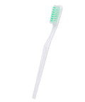 White toothbrush with green bristles, perfect for daily dental care and oral hygiene.
