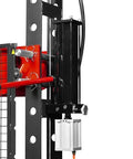 Close-up of Beefy 30 Ton H Frame Air Hydraulic Shop Press with pin kit, welded steel frame and safety guard.