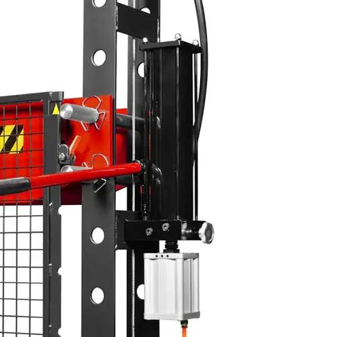Close-up of Beefy 30 Ton H Frame Air Hydraulic Shop Press with pin kit, welded steel frame and safety guard.