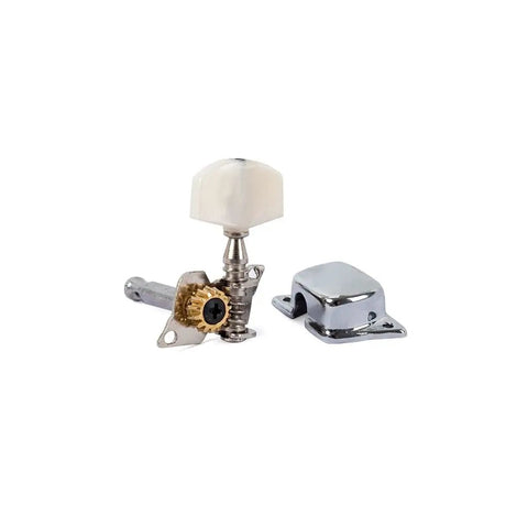 Five Piece Banjo Tuning Pegs Set With Semiclosed Machine Heads Chrome And White Finish Includes Bushings And Mounting Screws For Smooth Tuning Action And Easy Instrument Setup Built Tough
