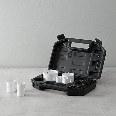 Front view of Amazon Basics 9-piece bi-metal hole saw kit in an open black carrying case with assorted hole saws