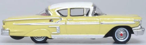 1958 Chevy Impala Sport Diecast Model Car 1/87 HO Scale Colonial Cream With Snowcrest White Top Real Rubber Tires side view