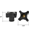 Top Shelf Four Point Grip Knobs With Standard One Quarter Twenty Thread Pattern For Quick Machine Tool Mounting Durable Painted Finish Heavy Duty Five Pack No Sweat Setup Built Like A Tank, shown from front and back, 1-1/8" and 1-5/8" sizes.