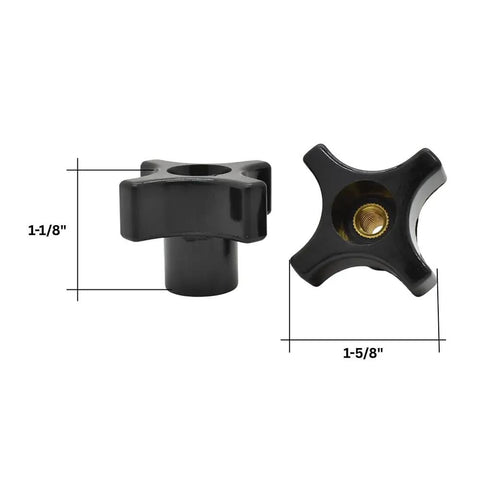 Top Shelf Four Point Grip Knobs With Standard One Quarter Twenty Thread Pattern For Quick Machine Tool Mounting Durable Painted Finish Heavy Duty Five Pack No Sweat Setup Built Like A Tank, shown from front and back, 1-1/8" and 1-5/8" sizes.