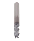Side view of a 6mm solid carbide end mill, 4-flute, AlTiN-coated, right-hand with 35° helix.