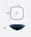 Slick Square Tempered Glass Vessel Sink For Modern Bathroom Vanity Countertops, 420mm size, with precise design measurements.