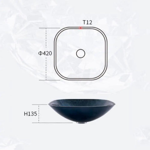 Slick Square Tempered Glass Vessel Sink For Modern Bathroom Vanity Countertops, 420mm size, with precise design measurements.