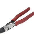 USA Made Wire Cutter, Stripper, and Crimp Tool with red handles, viewed from side angle, featuring hardened nose cutters.