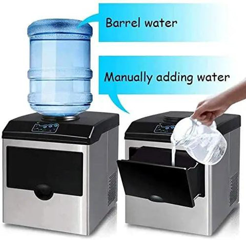 Straight Up Countertop Ice Maker Churning Out Fifty Five Pounds Daily with barrel water option and manual fill feature.
