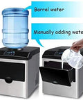 Portable Countertop Ice Maker Cranks Out 55 Pounds Daily In Under 8 Minutes With Zero Sweat, Boasts Three Sizes And Push Button Clean, Beat The Heat Setup For Backyard Hangouts - showing barrel water and manual fill options.