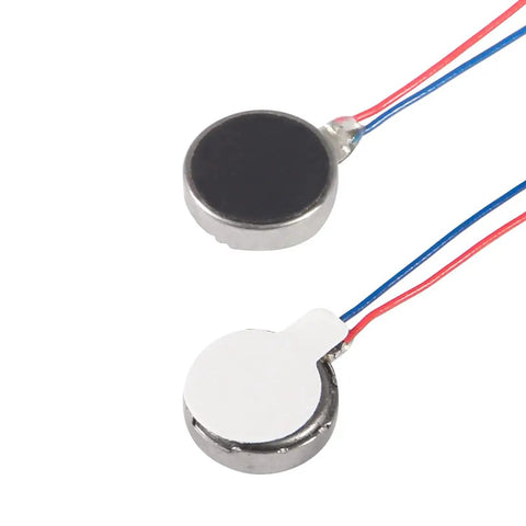 Close-up of 10x3mm Mini Vibration Motors Pack, 3V DC Coin Button Type Micro Vibe Motors with two wires, flat coin shaped, front and back view