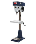 Badass Floor Drill Press With 20 Inch Swing And 12 Speeds Bolted Down Stationary Workhorse 1 Hp Dual Voltage Motor on a sturdy base.