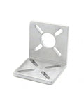 Angled view of a silver aluminum L-shaped motor mounting bracket with central round hole and slotted base openings.