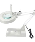 110V 20X Clip-On Magnifier Lamp With LED Light For PCB Inspection, articulated stand, white desk lamp for electronics repair.