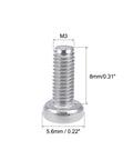 Heavy Duty M3x8 Millimeter Pan Head Machine Screws With Phillips Cross Drive Recess In Premium 304 Stainless Steel close-up of screw with dimensions.