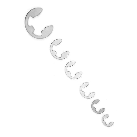 Heavy Duty 300 Piece Stainless Steel E Clip Set M1.2 To M15 Retaining Ring Circlip Assortment Kit displayed in various sizes.