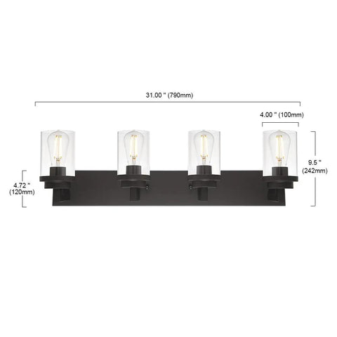 Dope 4 Light Oil Rubbed Bronze Bathroom Vanity Light Wall Sconce With Clear Glass Shades, 31 x 9.5 inches, front view with dimensions.