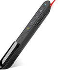 Wireless Presenter Remote Clicker With USB Receiver Two Four GHz Pro Grade Features Hyperlink Volume Control For PowerPoint Presentations Slide Advancer And Remote Pointer Plug And Play Black, sleek black remote with buttons visible, red laser pointer active, side view.