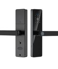 Slick Smart Fingerprint Door Lock With Comfort Grip Handle Keyless Entry Electronic Deadbolt showing front and back view, sleek black design.