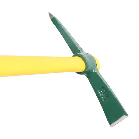 Close-up of one tool from Two Piece 18 Inch Pickaxe And Mattock Hoe Set With Fiberglass Handle For Digging Weeding Flower Beds And Camping