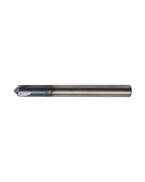 Five Pack One Quarter Inch Solid Carbide End Mills With AlTiN Coating, Four Flute Chamfer End Mills For Steel, side view, 2.5" length.