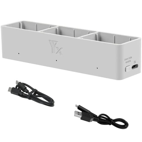 Three-Battery Drone Charging Hub For Avata 2, Two-Way USB Charger with Sequential Charging, 65W Input, Grey Build, USB Cables