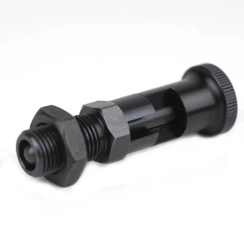 Heavy Duty Bad Boy Grade Carbon Steel Self Locking Ball Nose Spring Plunger Kit With Knurled Lock Nut For No Sweat Positioning And Rock Solid Industrial Fixing M10, side view of black plunger.