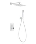 Digital Display Rainfall Shower Faucet Set With Real Time Temperature Reading Oversized Ceiling Rainhead Plus Ergonomic Handheld Wand Modern Dual Outlet Bathroom Upgrade A Straight Up Game Changer in white with digital controls.