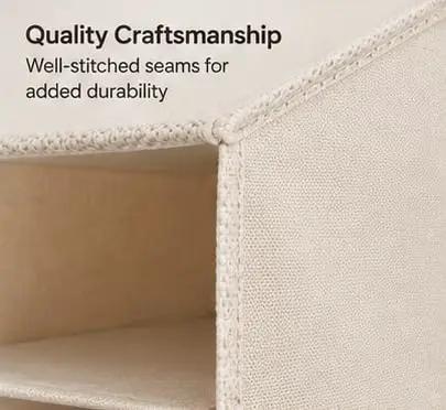 Close-up of quality craftsmanship showing well-stitched seams on the 6 Shelf Hanging Closet Organizer With Durable Canvas Storage For Shoes Clothes And Accessories Beige Wardrobe Shelving To Max Out Your Closet Real Estate And Keep Your Setup Clean And Tight.