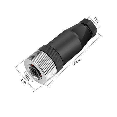 M12 5-Pin A-Code Female Straight Circular Sensor Aviation Connector with measurement details, showing dimensions and plug design.