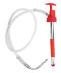 Handy Portable Oil Pump For Effortless Transfer And Extraction Of Motor, Heating, And Transmission Fluid From 5 Gallon Drums With Brass Head And Steel Build, showing pump with flexible hose.
