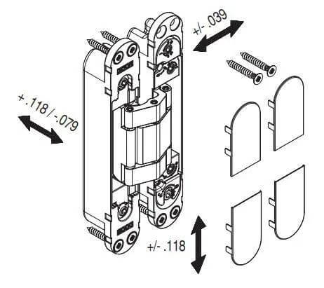 Diagram of Concealed Door Hinge With Hidden Pin And No Visible Barrel For A Slick Modern Look, shown with screws and cover caps.