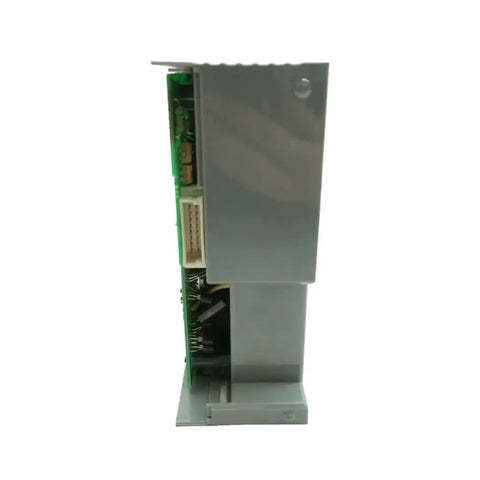 Side view of panel-mount AC to DC power supply unit for modular control systems, rugged sealed in box MRO spare part.