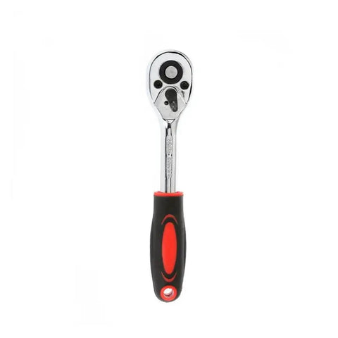 Nuts And Bolts 46 Piece Torque Wrench And Screwdriver Ratchet Set Chrome Vanadium Steel Socket Spanner Kit For Auto Bike Household Mechanic Repair Jobs Hand Tool Black featuring a chrome ratchet wrench with a black rubber grip.