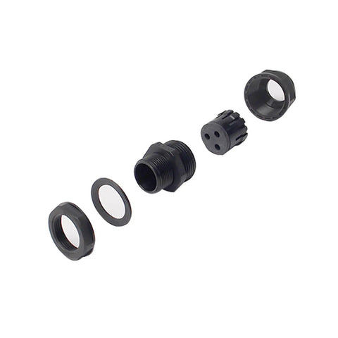 Exploded view of M25 Three Hole Waterproof Nylon Cable Gland With Adjustable Locknut For Two To Five Millimeter Wire Diameter