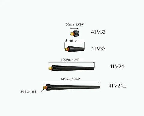 Extensive TIG Gas Lens Collet Bodies Kit For SR WP Series Weld Torch including collet body size variations in black with measurements