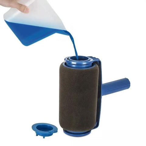 Score A Pro Finish On Walls With This 8 Piece Multifunctional Paint Roller Corner Brush Kit Featuring A Grippy Handle Tool pouring blue paint into roller.