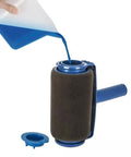 Total Game Changer Eight Piece Paint Roller Corner Brush Kit For Effortless Home Makeovers Featuring Quick Pour And Roll Action No Masking Tape Needed Easy Grip Handles And Pro Level Touch Ups showing blue foam roller being filled with paint.