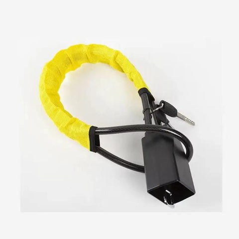 Heavy Duty Cable Steering Wheel Lock For Chevy Volt Bolt EUV Blazer EV features yellow padded wrap, steel cable, and key.