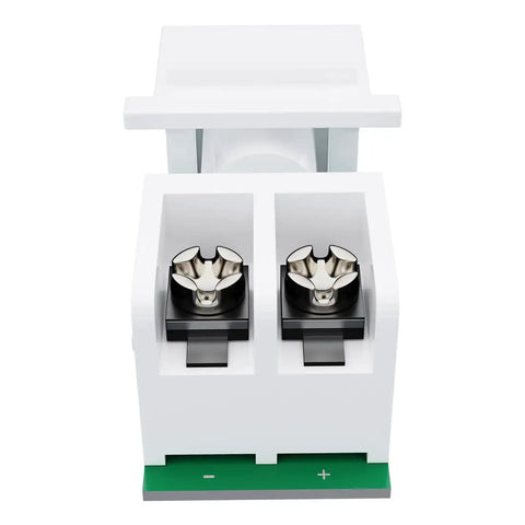 No Sweat 5 Pack DC Keystone Jack With 12 Volt Screw Terminal And 5.5Mm X 2.1Mm Connector for wall plate use, white dual socket close-up.