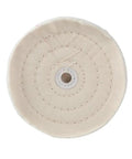 Pro Grade Cotton Buffing Wheel For Auto Detailing And Metal Polish 2 To 8 Inch Sizes With Yellow Firm And White Soft Variants For Straight Fire Shine And A No Sweat Cleanup Job, white cotton disk front view.