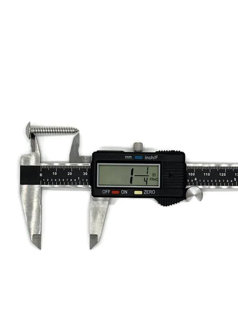 Digital caliper measuring a #10 truss-head stainless steel screw, 1.25 inches long.