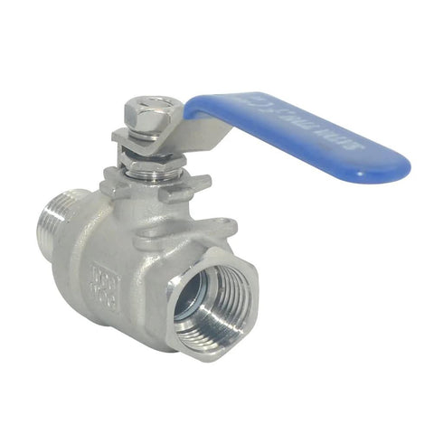Stainless steel 1/2 inch ball valve with blue handle, featuring male to female NPT threads for water, oil, and gas applications by DAN SPEED.