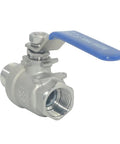 Front view of 1/2-inch stainless steel full-port ball valve with blue lever handle and female threaded ends.