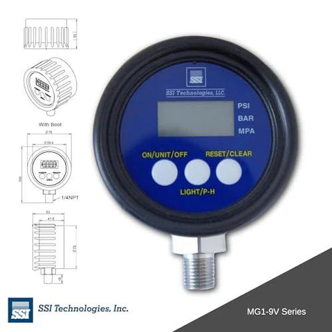 SSI MGA-9V Series digital pressure gauge with LCD display, blue face, 1/4-18 NPT male connector