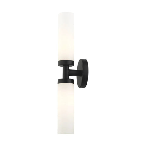 Two Light Slick Black ADA Vanity Light With Satin Opal Glass Cylinders From Aero Collection, Modern Bathroom Wall Sconce