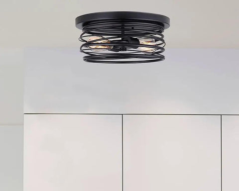 Two Light Flush Mount Ceiling Light With Black Metal Shade In A Slick Low Profile Style For Bedroom Hallway Or Living Room 13 Inch Wide Uses 60W Type A Bulbs Not Included Easy Install With Push In Connection System